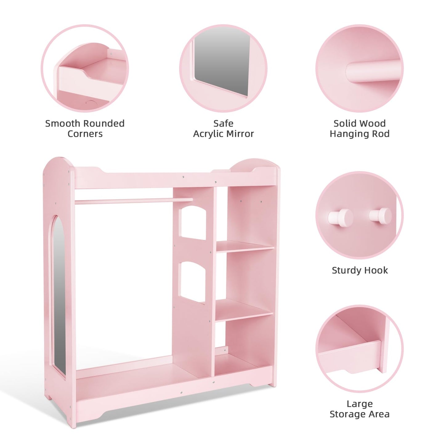 OOOK Kids Clothing Rack and Armoire with Mirror, Appropriate Height Kids Dress up Storage with Anti-tip Device, Helping Children Manage Own Clothes, Nice Dressers for Bedroom, Nursery