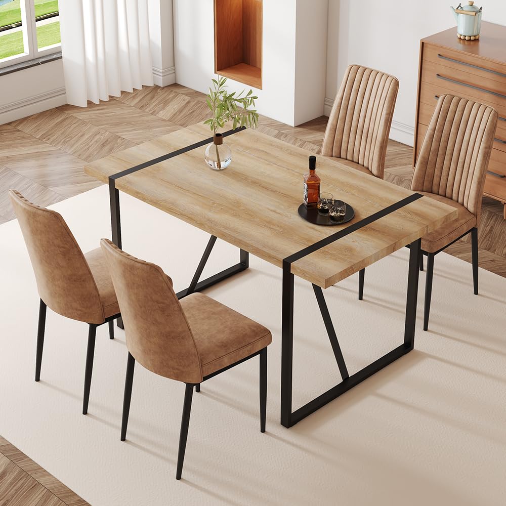 Btikita Dining Table Chairs Set for 4, Modern Rectangular Dining Room Table Set PU Leather Upholstered Dining Chairs 55" Dinner Table Set for Kitchen, Dining Room (Dining Table Set for 4, Brown)
