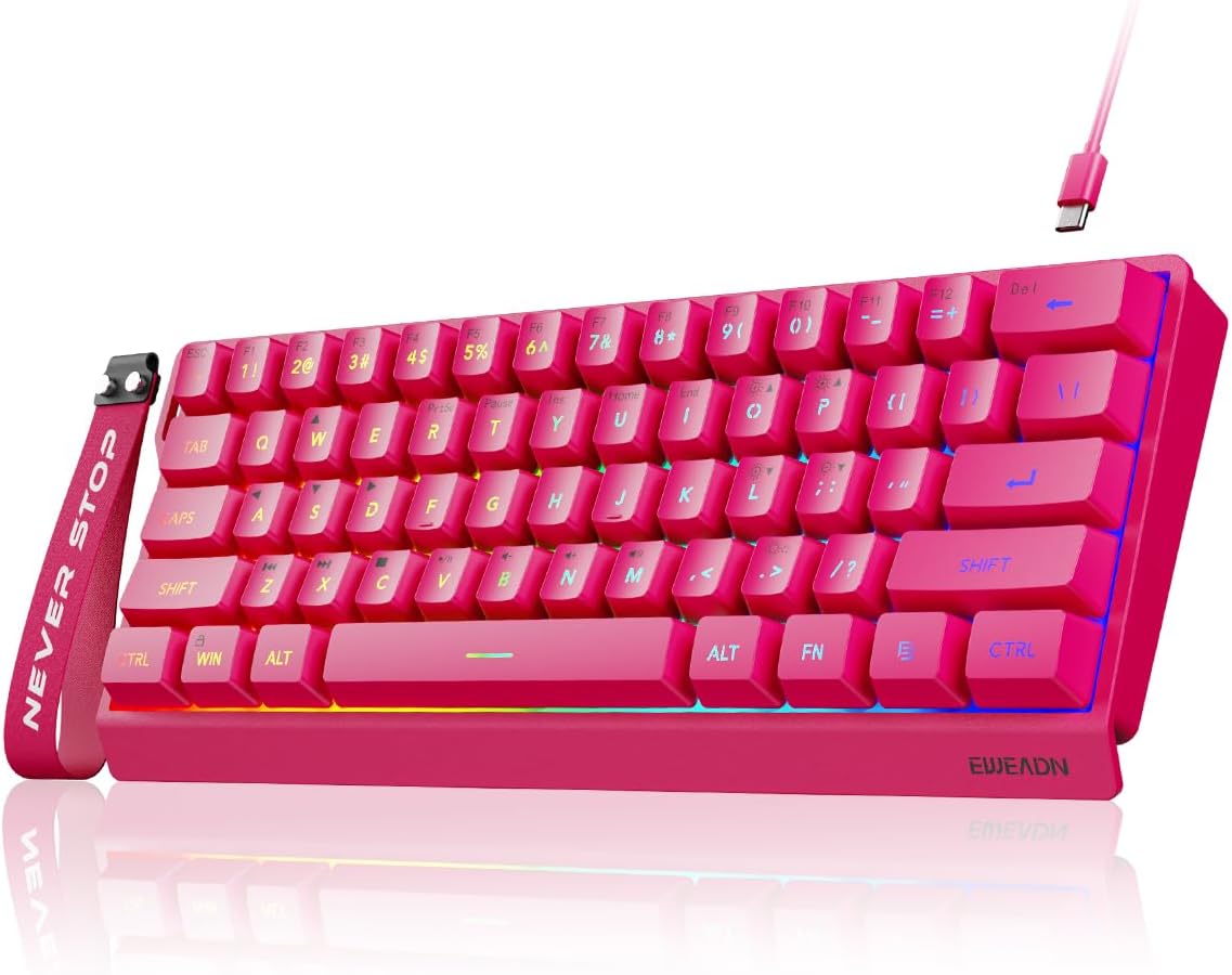 SEUNKWANG F61 60% Gaming Keyboard Wired, RGB Backlit Membrane Keyboard with PBT Keycaps, Compact Design, Lanyard Wired Keyboard for Mac/Win (Red, Wired)