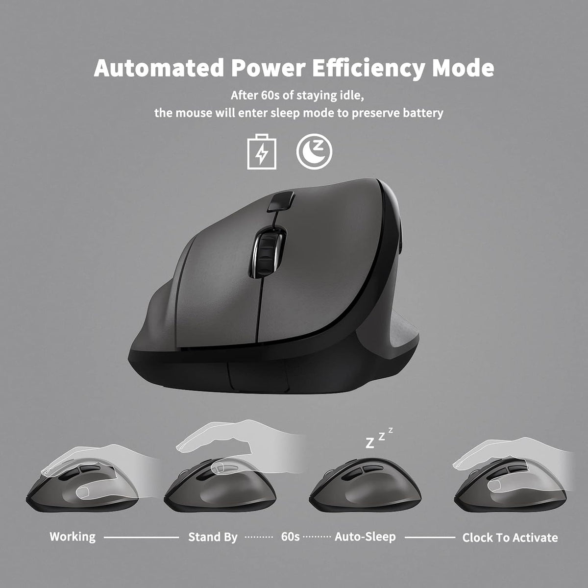 Ergonomic Wireless Mouse with USB Receiver for PC Computer, Laptop and Desktop, Ergo Vertical Mouse with Silent Clicks Long Battery Life, Up to 1600 DPI & 1 AA Battery Powered, Grey