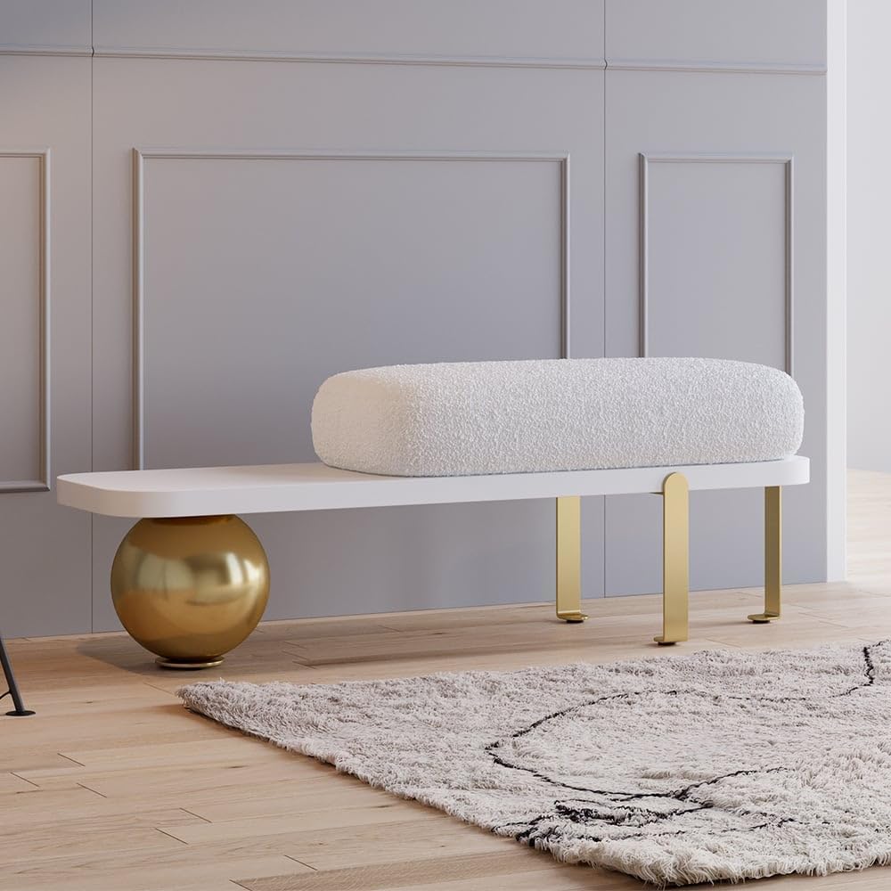 homary Entryway Bench, Wooden Bench Boucle Upholstered Bench with Abstract Metal Leg for Entryway/Bedroom/Living Room - 47.2" L x 13.8" W x 16.5" H White