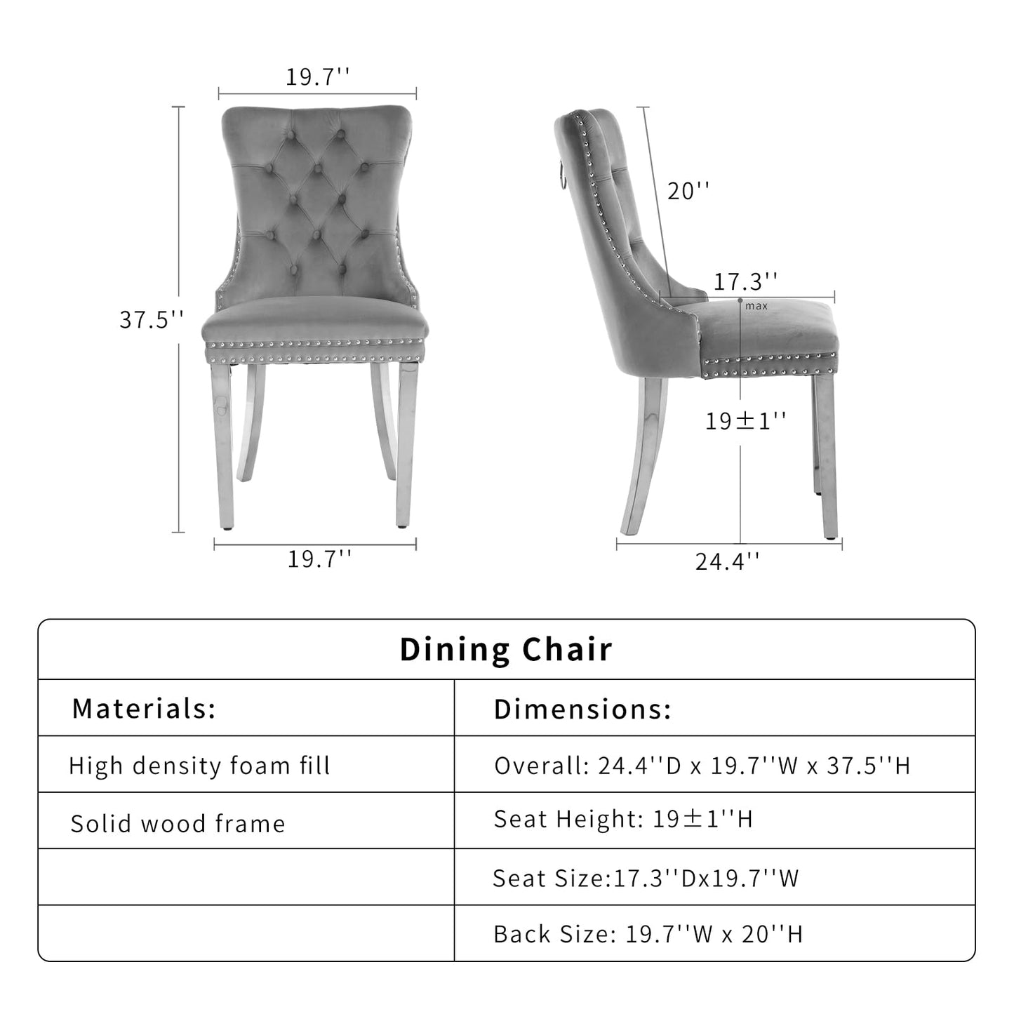 ODUSE-DAILY Gray Velvet Dining Chairs Set of 4 for Kitchen & Dining Room, High Tufted Back Dinning Chairs, Sillas de Comedor, Fabric Upholstered, Brushed Chrome Metal Legs, Grey