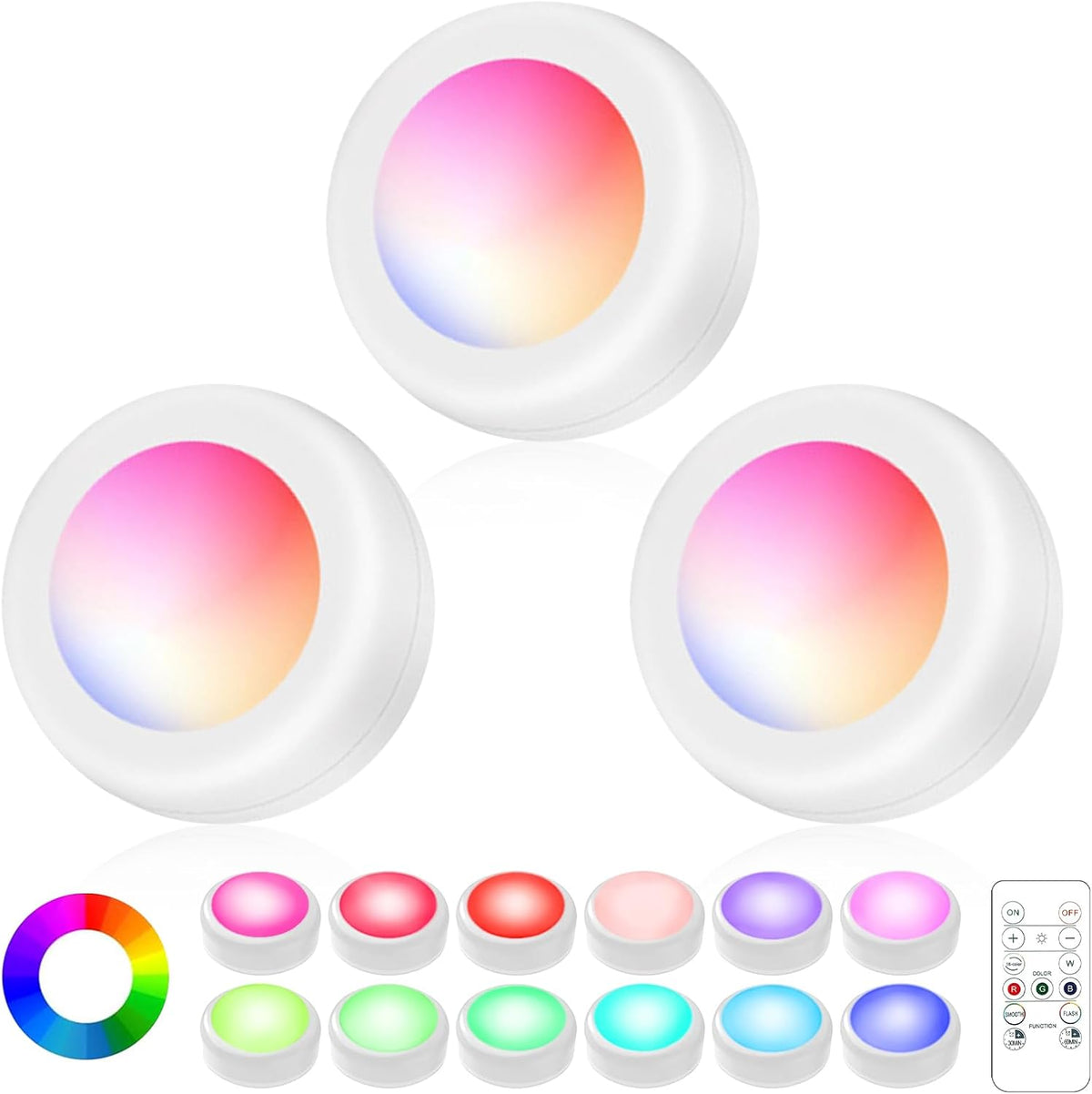 LED Puck Lights with Remote Control, Wireless Under Cabinet Lighting,Color Changing Lights with Dimmer and Timer, AAA Battery Operated Powered Push Night Lights (12 Pack White)