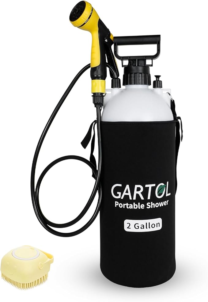 Gartol 2 Gallon Portable Shower with Handheld Showerhead, Silicone Bath Massage Brush, and Thermal Insulation Bag, High-Pressure Camping, Surf, Dog Shower Sprayer
