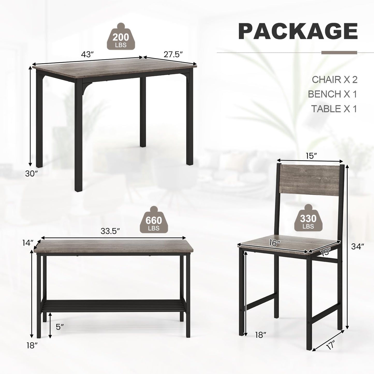 ReunionG Dining Table Set for 4, Modern Dinette with 1 Bench & 2 Chairs, Storage Shelf, 4-Piece Kitchen Table for Small Space, Apartment, Dining Room, Restaurant (Grey)