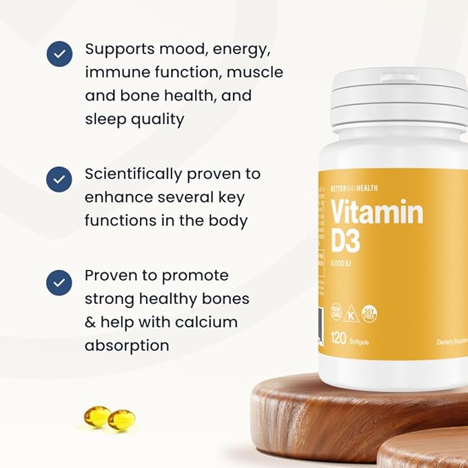 Better Way Health™ - High Potency Vitamin D3 Supplement - Immune & Bone Health Support - Non-GMO & Dairy-Free - 5,000 IU/120 Softgels
