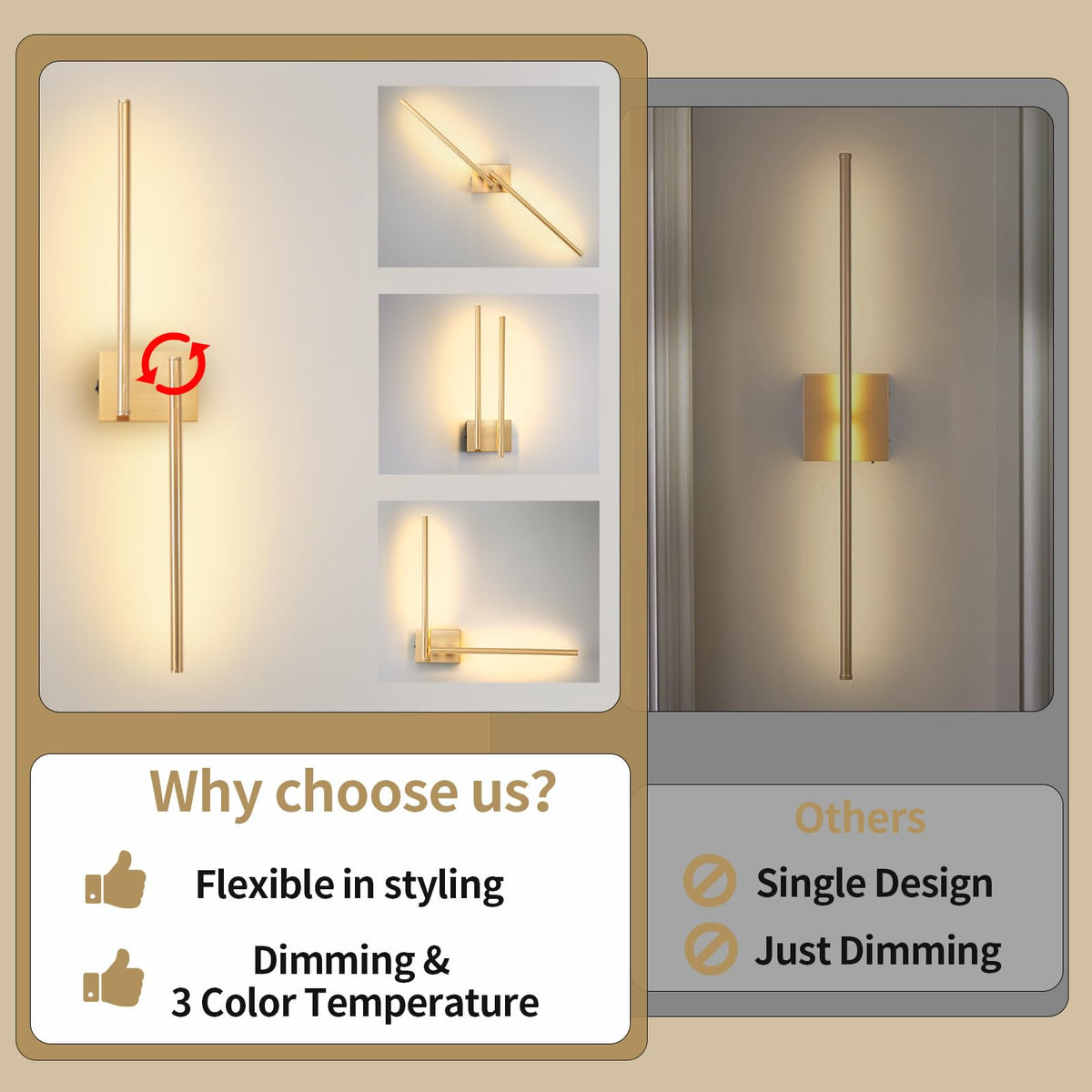 Zlierop Rotate Wall Sconces Battery Operated, 8000mAh Charge Battery Wall Sconces Set of Two, Wireless Wall Sconce with Memory Remote, Dimmable Wall Lights, Gold sconces Wall Decor Set of 2