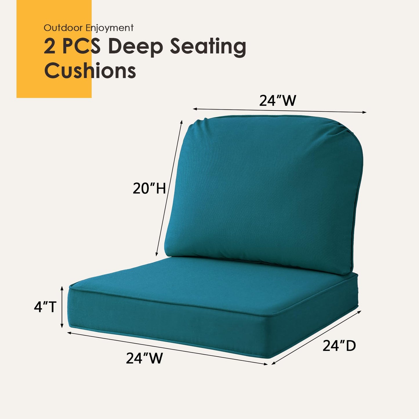 Supdurplus Outdoor Sunbrella Cushions for Patio Furniture Set of 2, 24"x24" Water Repellent Chair Cushions Removable Seat Bottom & Back Cushion Covers for Chair, Sofa, Couch, Spectrum Peacock