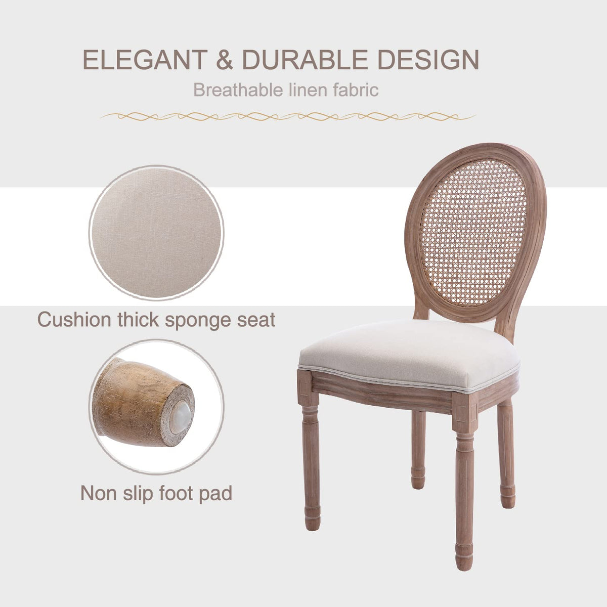 Virabit French Dining Chairs Set of 4, Rattan Farmhouse Upholstered Dining Chairs with Curved Backrest and Beautifully Carved Solid WoodFrame for Living Room, Kitchen, Restaurant