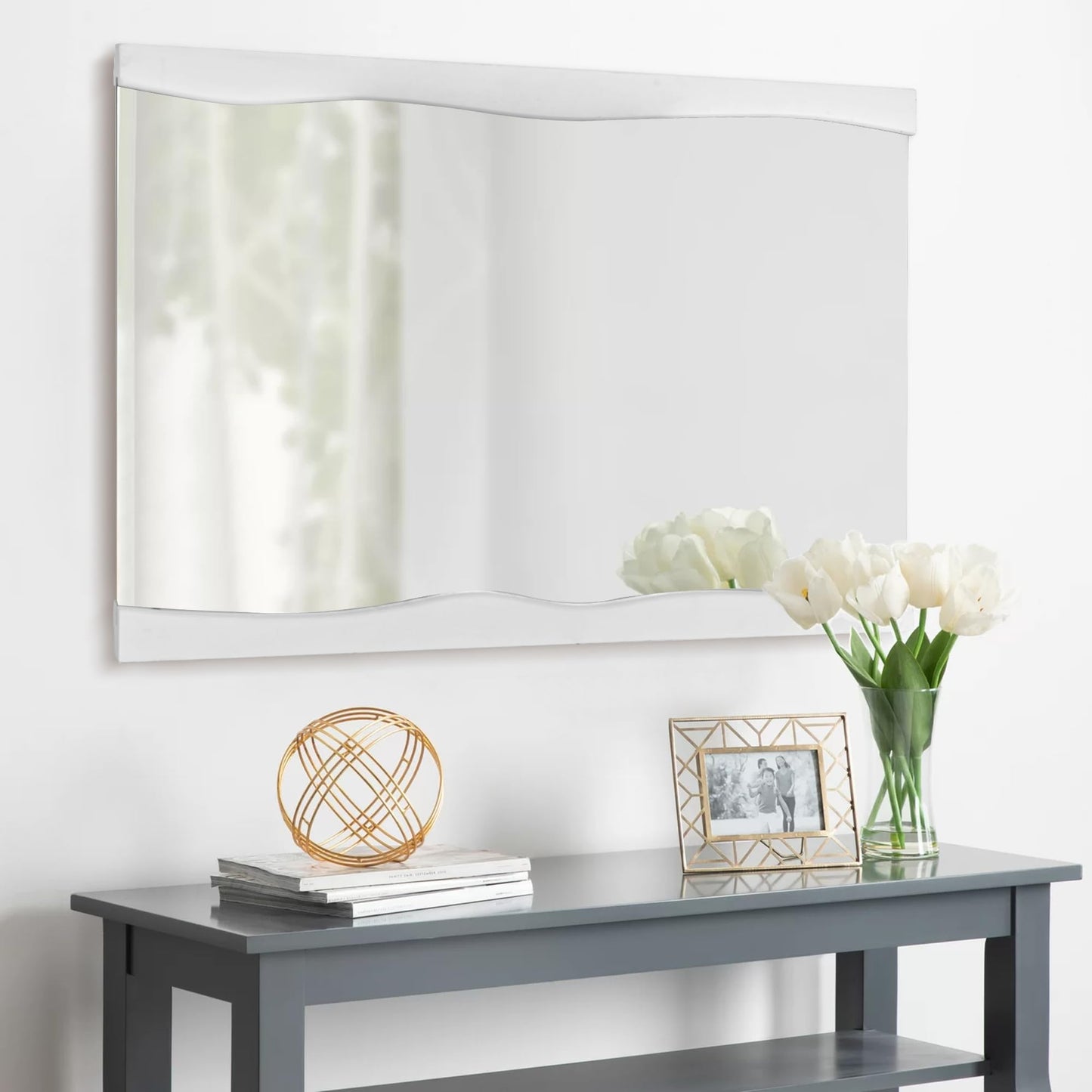 Tanmicoshomy White Bathroom Mirror 24x36 Inch, Asymmetrical Live Edge Wood Framed Rectangle Wall Mirrors for Bathroom, Bedroom or Living Room, Vertical or Horizontal Hanging