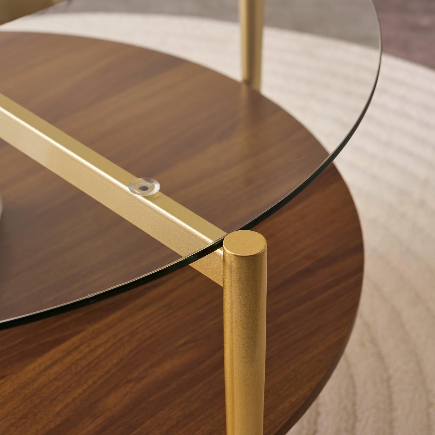 LumFurn Round Coffee Table, Mid-Century Modern Design, D30“ x H17”, for Living Room, 2-Tier Structure, Clear Glass Top and Walnut MDF Shelf, Sleek Conical Metal Legs with Gold Finish