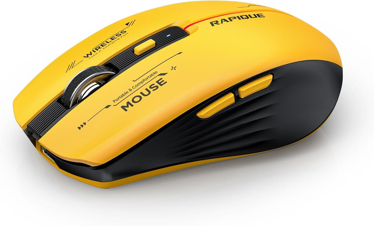RAPIQUE Bluetooth Wireless Mouse - (BT1/BT2+USB Receiver) Tri-Device Compatibility for PC, Laptop, Computer, MacBook, Tablet (Black and Yellow)