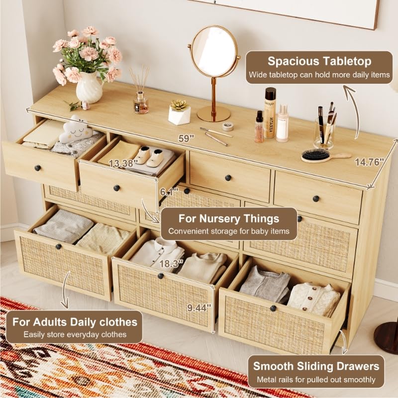 Brafab 10 Drawer Rattan Dresser for Bedrroom, 59" Wide Natural Wood Dressers, Long Boho Chest of Drawers, Mid-Century Light Oak Dresser TV Stand, Large Clothes Storage Cabinet