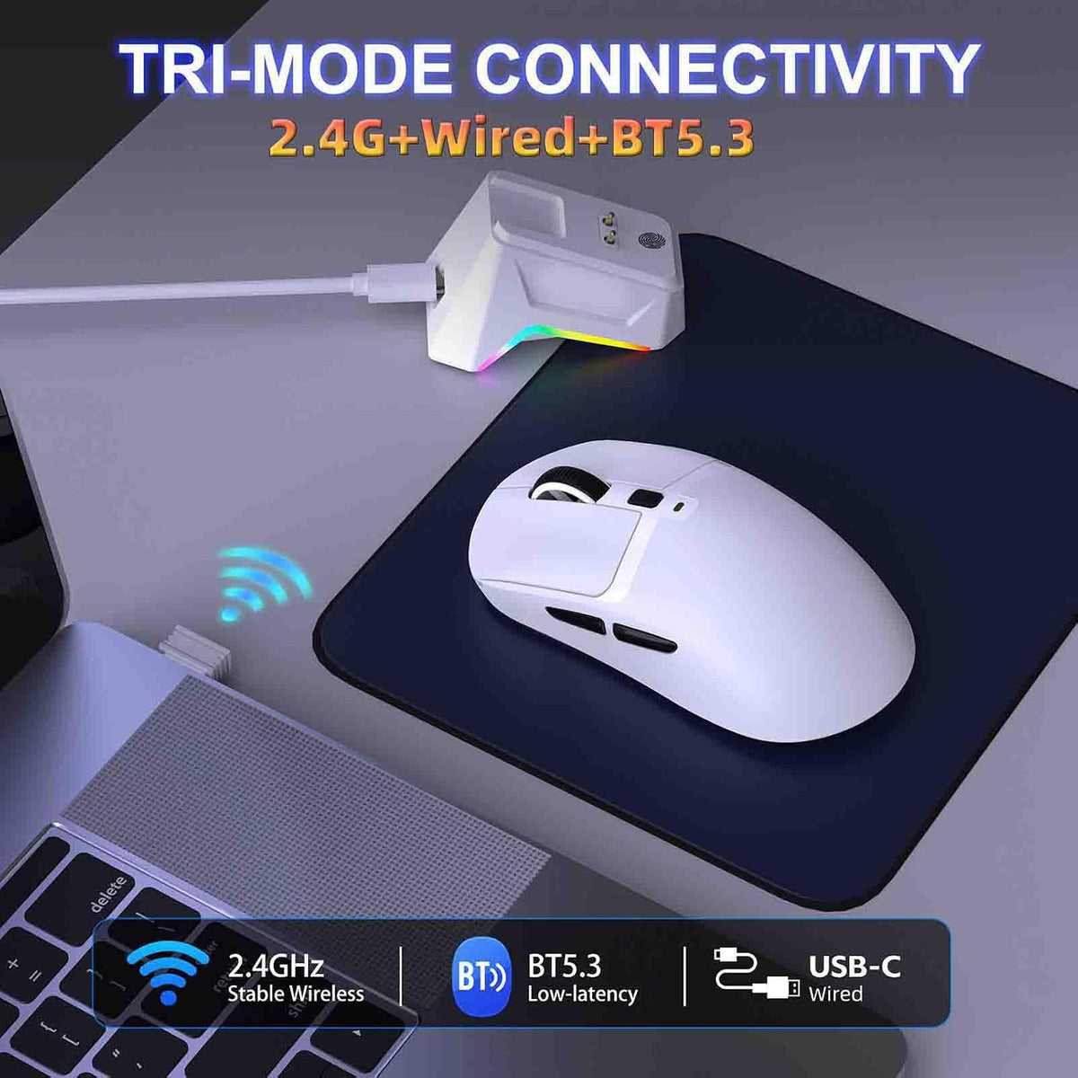 ciciglow Wireless Gaming Mouse with Charging Base, 3 Mode 2.4G USB C Wired BT Lightweight Game Mouse, 12000 DPI Adjustable, 6 Programmable Buttons, 1000Hz Polling Rate (White)