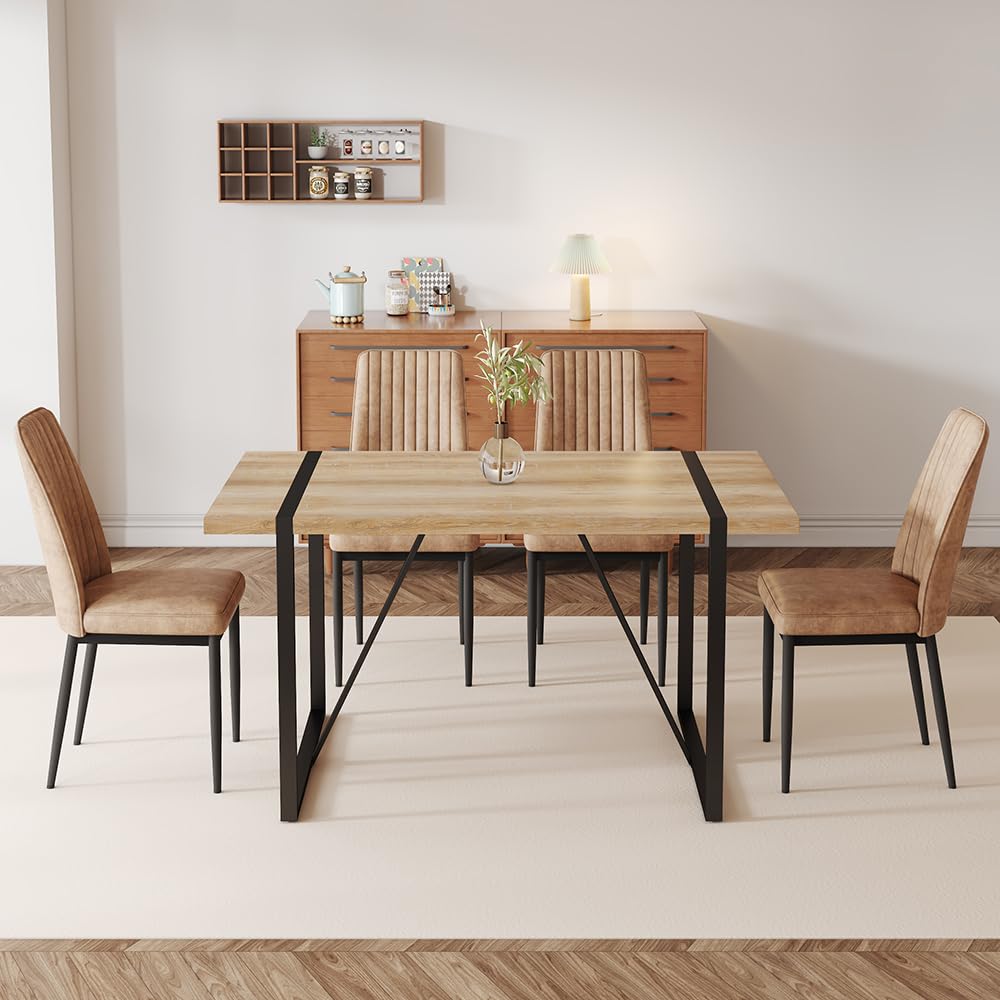 Btikita Dining Table Chairs Set for 4, Modern Rectangular Dining Room Table Set PU Leather Upholstered Dining Chairs 55" Dinner Table Set for Kitchen, Dining Room (Dining Table Set for 4, Brown)