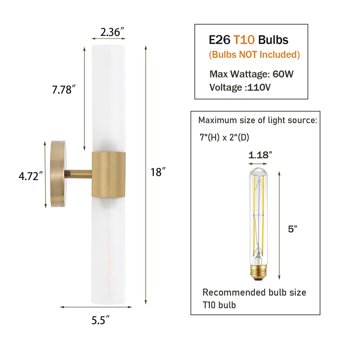 BYOLIIMA Gold Knurled Texture Wall Sconce Frosted Glass Shade Modern Bathroom Vanity Light Fixtures 2-Lights Mid Century Wall Light for Mirror Living Room Hallway E26 T10 Bulbs(Excluded)