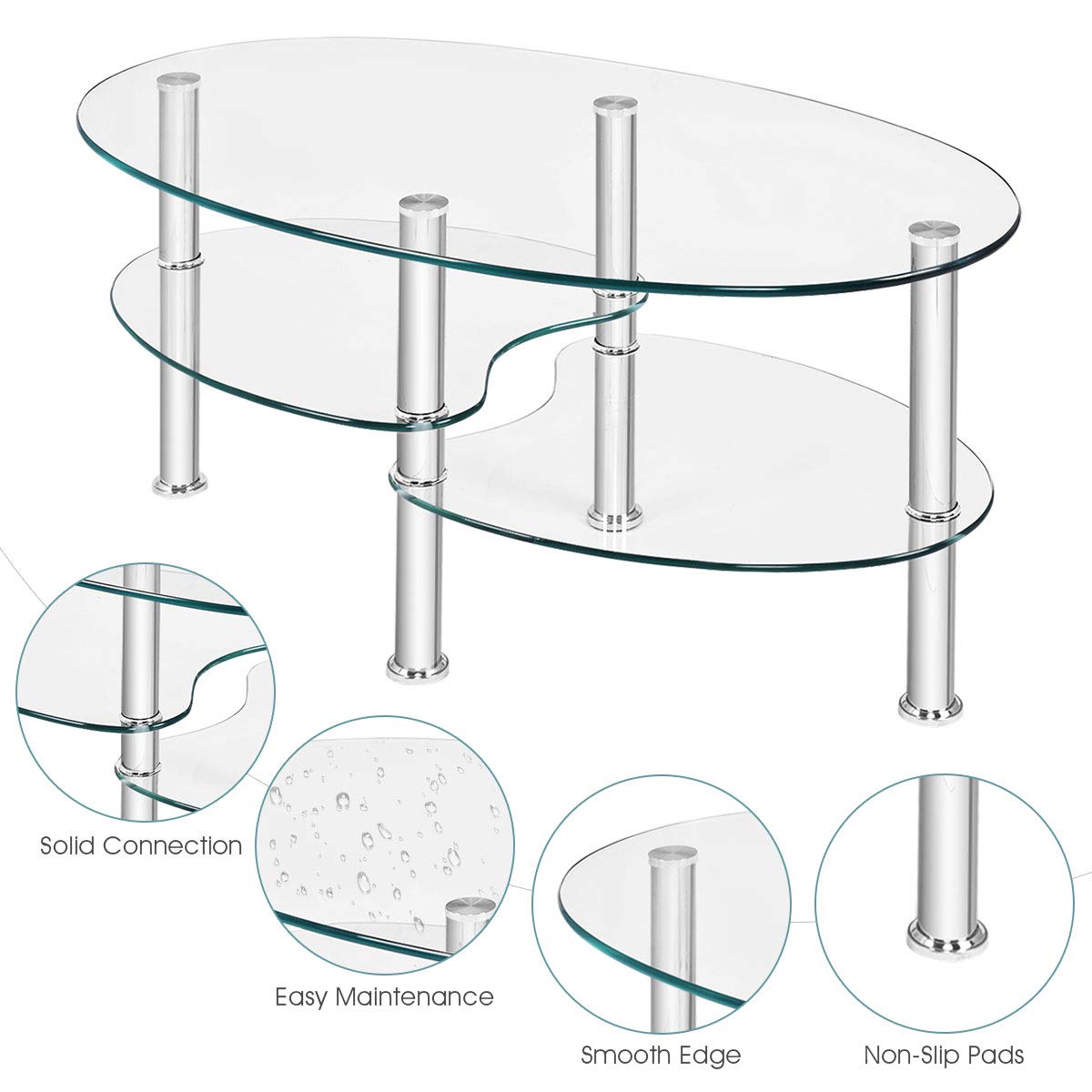 S AFSTAR Glass Coffee Table, Modern Style Glass Shelves with Steel Legs for Living Room, Cocktail Tea Table (Clear Glass)