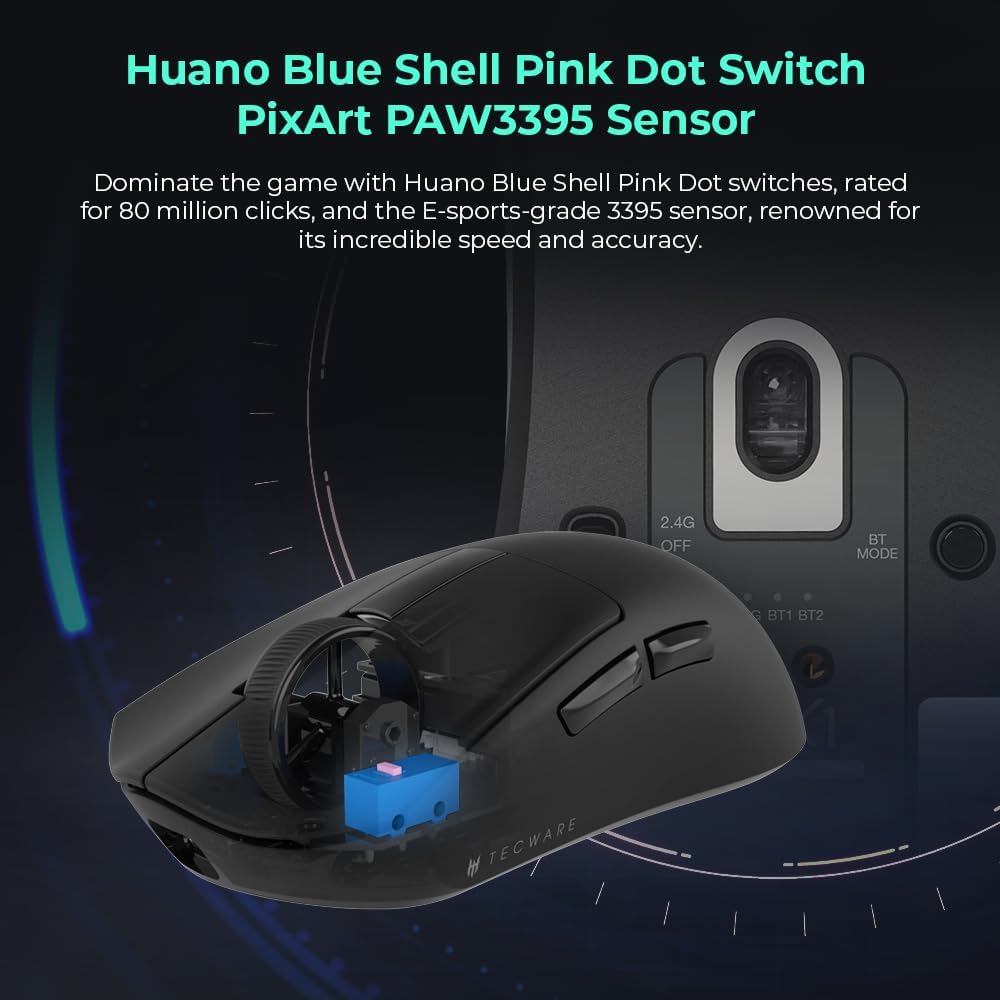 TECWARE EX1 Lightweight Gaming Mouse | 26K DPI Wireless Mouse with OLED Display | 59g Ultra-Light Design | RGB Charging Dock | Tri-Mode Connectivity 2.4GHz/Bluetooth/Wired with Grip Tape | Black
