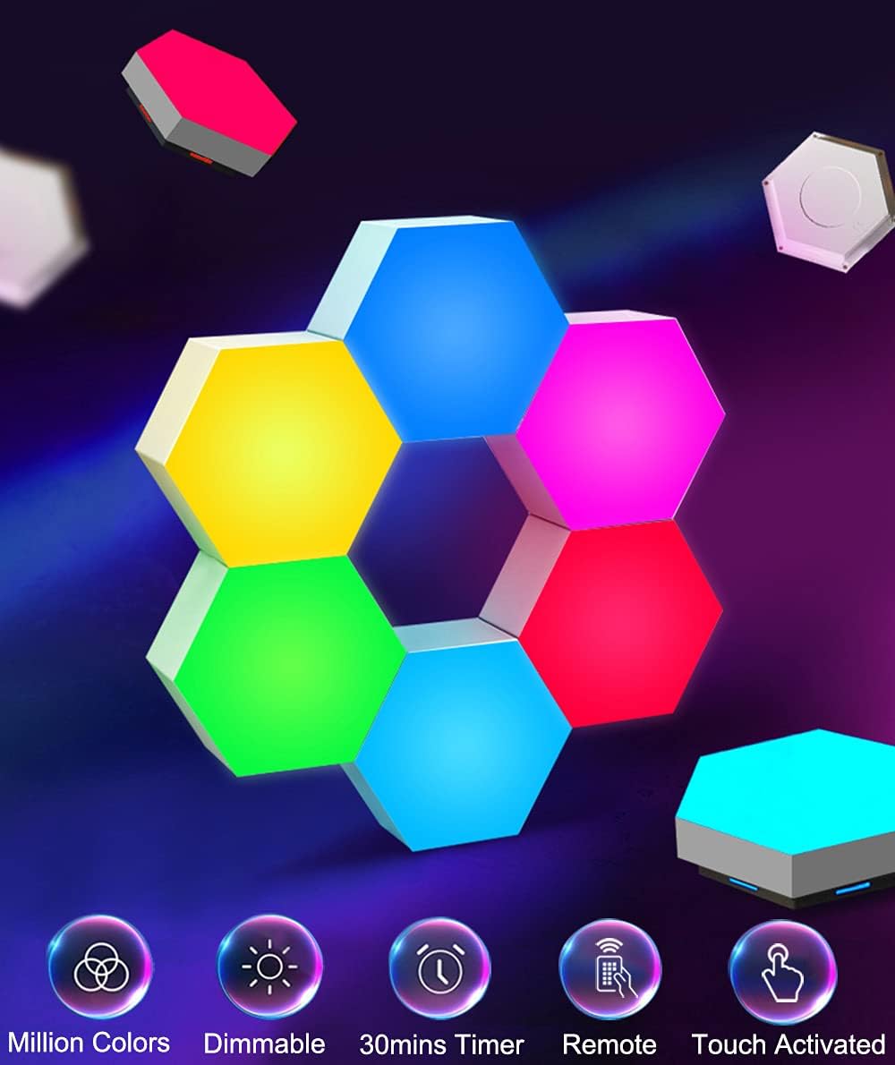 Hexagon LED Lights with Remote Control, Hexagon Wall Lights RGB Gaming LED Lights for Gaming Setup Touch Sensitive, DIY Geometry Modular LED Light Panels for Gaming Room Bedroom Streaming, 10 Pack