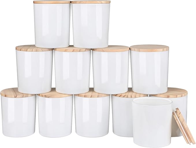 Thick Candle Jars for Making Candles 12 Pcs, 14 OZ Empty Jars with Wood Lids for Candle Making, Sample Container, Light White
