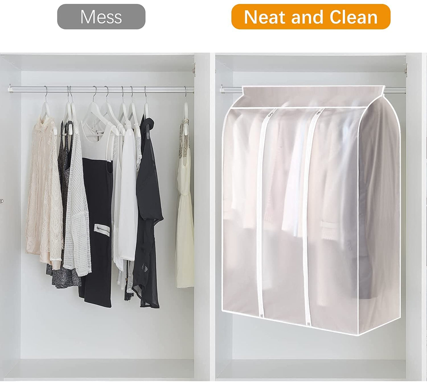 Aichong 50'' Garment Bags for Hanging Clothes, Large Translucent Frosted Garment Rack Cover Bags with Zipper and Hook and Loop Closure, Polyethylene Material, White