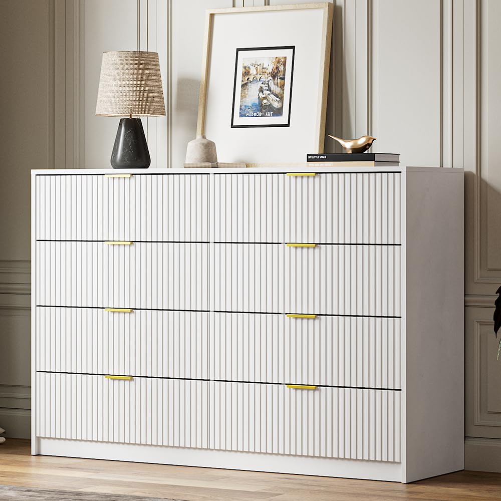 MAISONARIA White Dresser for Bedroom, 8 Drawer Double Dresser, Modern Chest of Drawers for Bedroom, Living Room, Entryway and Closet, 55" L x 15.7" D x 37.4" H