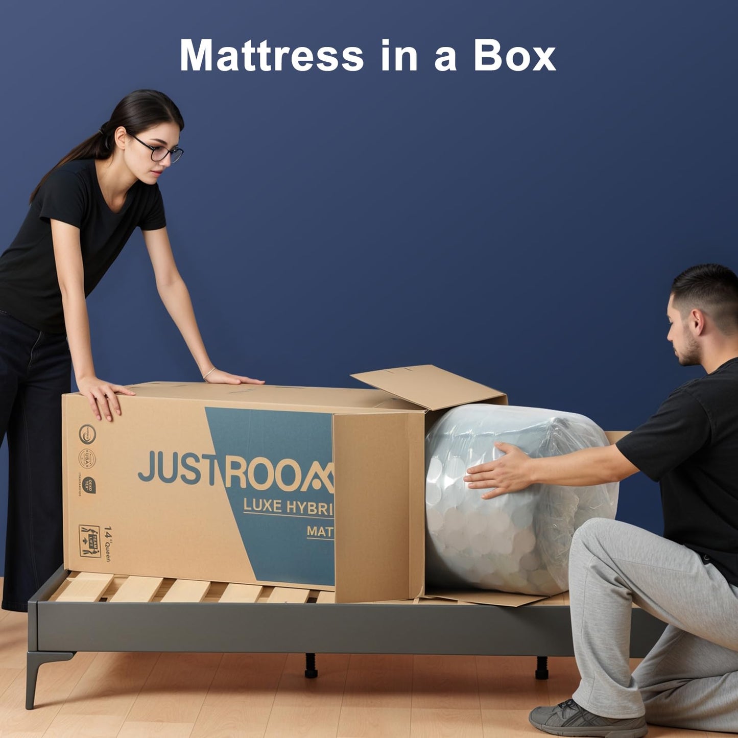 JUSTROOMY King Mattress 14 Inch Hybrid Mattress with Gel Memory Foam, Cooling Ice Silk Top, Firm Mattress in a Box, Back Pain Relief, Individual Pocket Spring-Extra Edge Support, 76*80", US Assembly