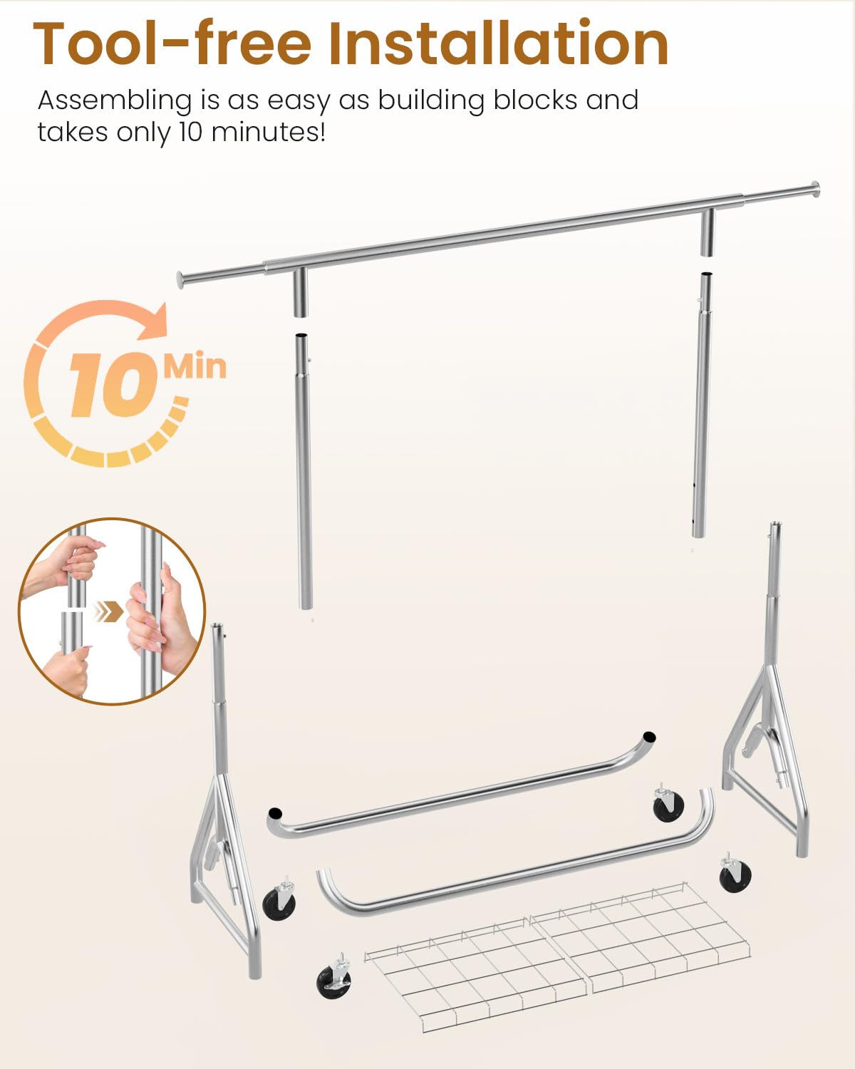 JIEJIERUI Heavy Duty Clothing Rack, Metal Clothes Rack Load 450 LBS, Rolling Coat Racks for Hanging Clothes with Lockable Wheels, Wardrobe Closet Garment Racks for Bedroom, Silver