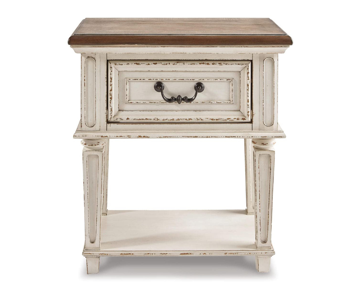 Signature Design by Ashley Realyn Traditional Cottage 1 Drawer Nightstand with Dovetail Construction & Open Display Shelf, Chipped White, 27" Tall, Distressed Brown