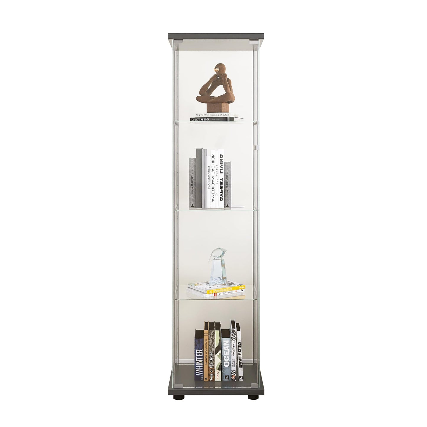 Zacis 4-Tier Tempered Glass Display Cabinet with Glass Door, Floor Standing Curio Cabinet Collection Showcase, 17" W x 14.5" D x 64" H (Black)