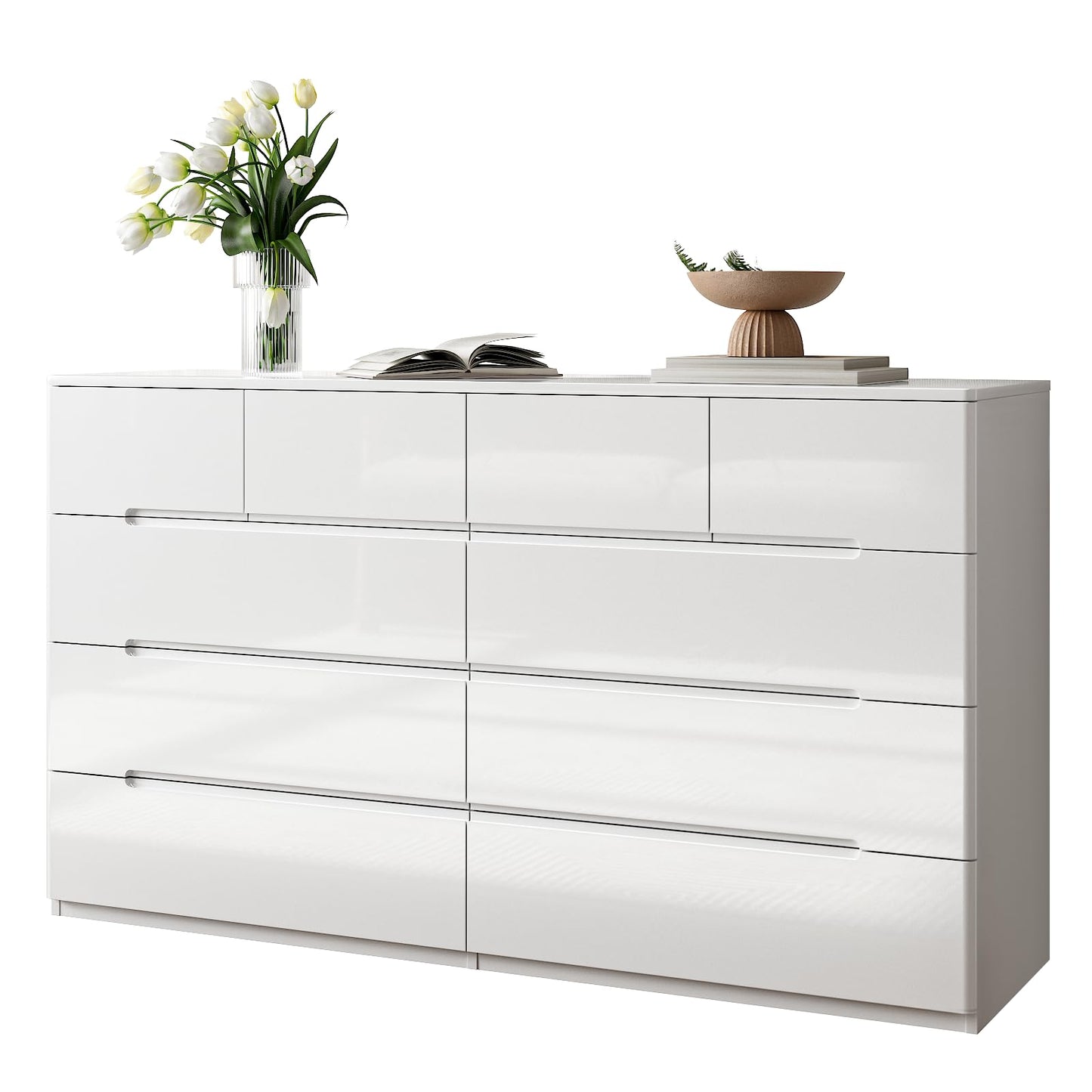 ZORPLIX 10 Drawer White Dresser for Bedroom, 55" Long Dresser Chest of Drawers,Large High Gloss Modern Storage Cabinet with Big Drawers Handle Free,Living Room, Entryway, Hallway