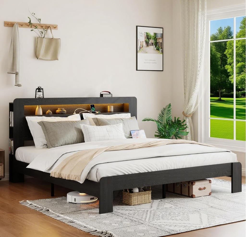 SAMTRA Wooden Bed Frame King Size with Storage Headboard, Farmhouse Platform Bedframe with Bookcase Shelf & Led Lights, Sturdy Wood Slat Framework Bed Frame (Classic Black)