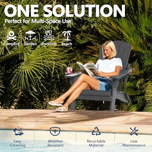 UNASKADI Folding Adirondack Chair Set of 3 with Cup Holder, HDPE All Weather Resistant Plastic Outdoor Patio Chairs, Heavy Duty Fire Pit Seating for Backyard Lawn Garden, Wooden Textured Design(Gray)