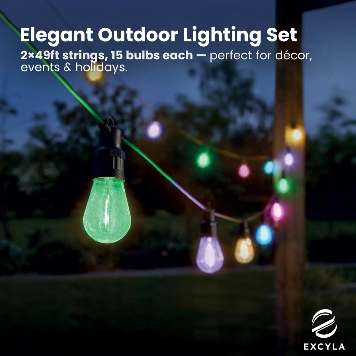 Smart Outdoor String Lights for Patio & Backyard | LED Color Changing Dimmable Bulbs | Waterproof & Shatterproof Design | Remote & App Control | Alexa Compatible | 15 Bulbs | 50ft | Pack of 2