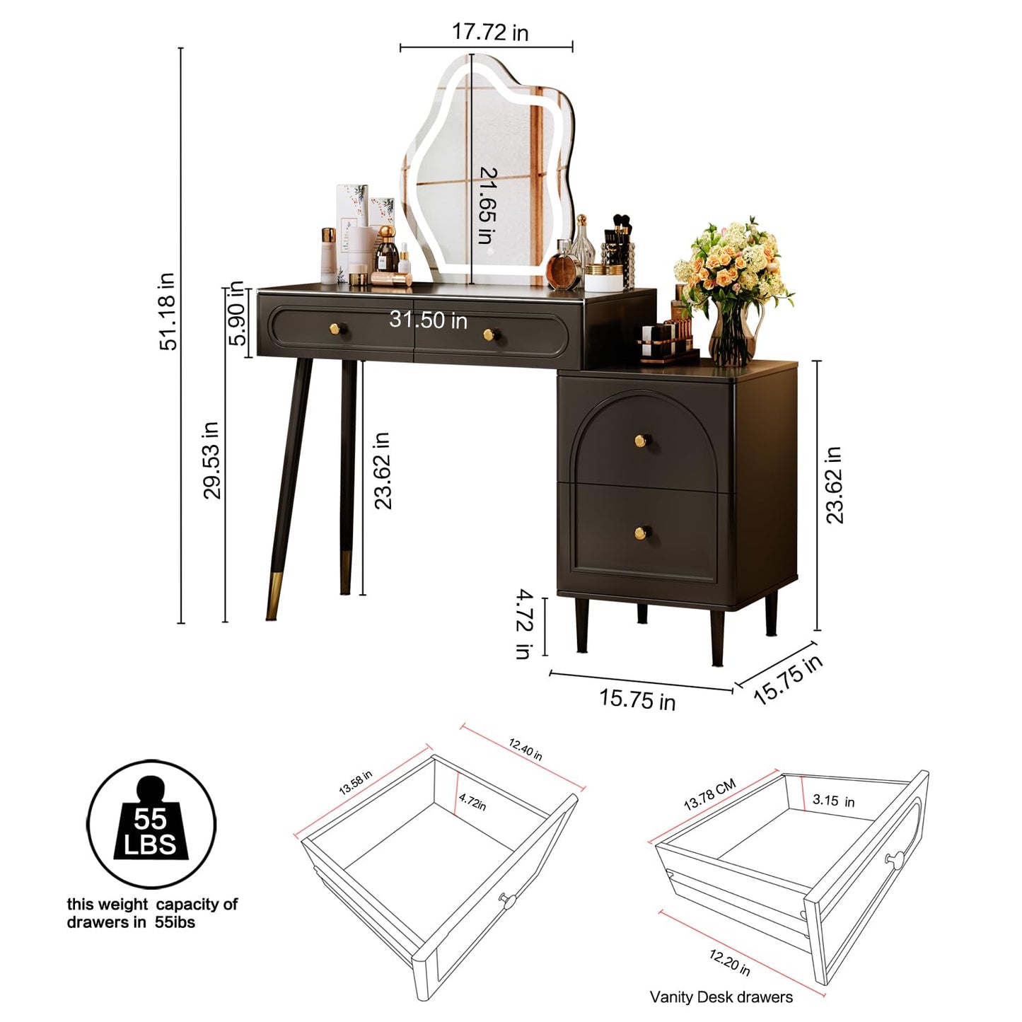 Chrangmay 31.5" White Stylish Corner Makeup Vanity Table,with Lighted Mirror and 4 Spacious Drawers,Bedroom Essential Dressing Table with Nightstand,Modern Minimalist Writing Desk for Girls,Black