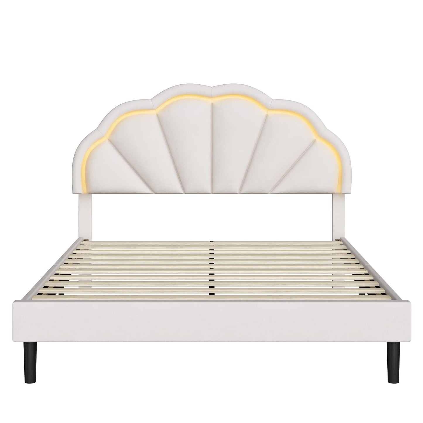 HIFIT Full Upholstered Smart LED Bed Frame with Adjustable Chic Petal Headboard, Princess Full Size Platform Bed Frames for Kids/Girls, Wooden Slats Support, No Box Spring Needed, Easy Assembly, Beige