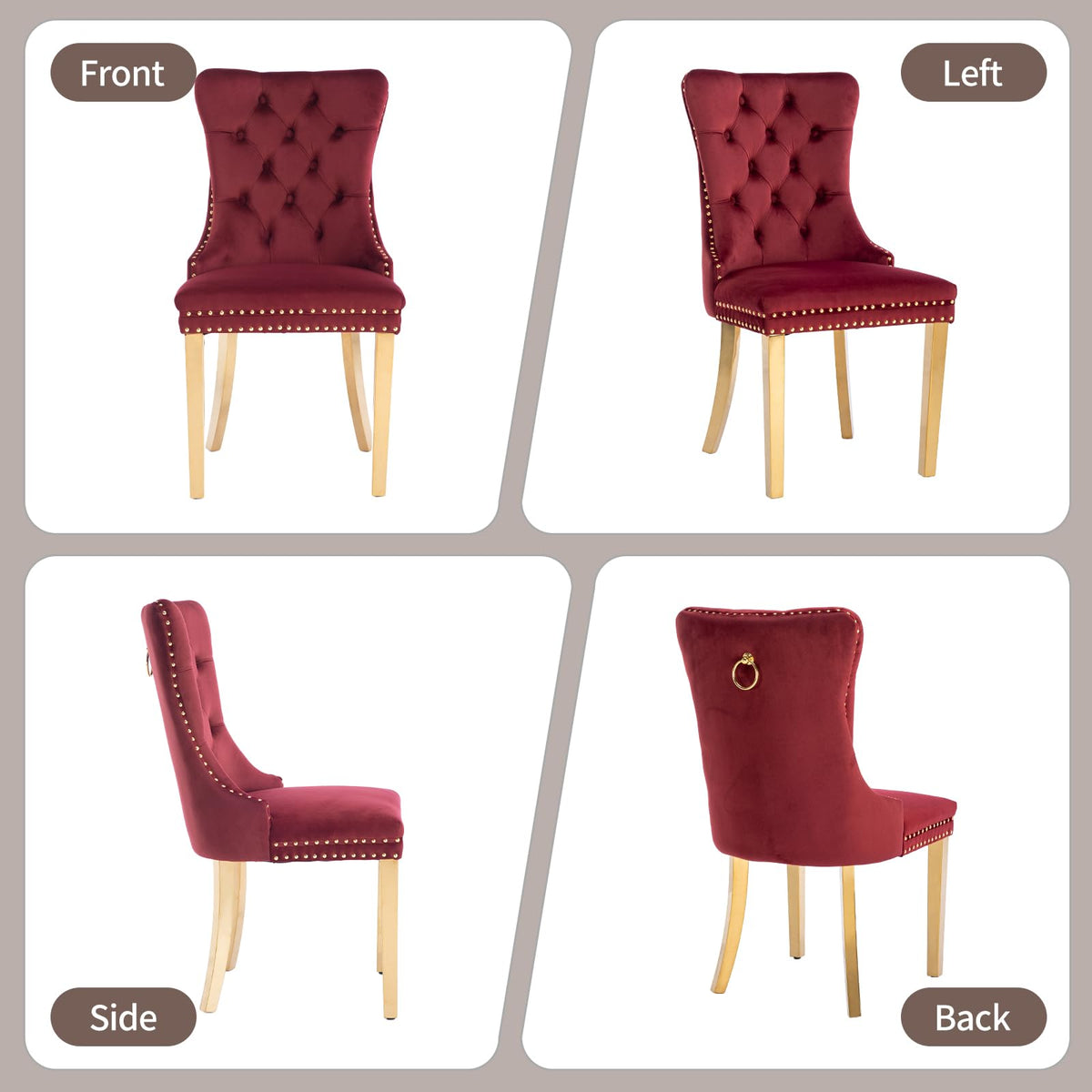 MZDOO Velvet Dining Chairs Set of 6, Tufted Upholstered Dining Room Chairs with Back Ring Pull, Nailhead Trim and Golden Legs, Modern Dinning Chairs for Dining Room, Kitchen(Wine Red)