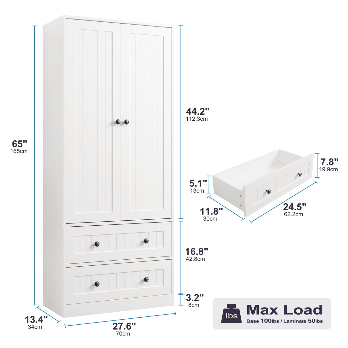 Furnify 65" H Storage Cabinet with 2 Drawers, Farmhouse Kitchen Pantry Cabinet with 2 Doors & Adjustable Shelf, Handbag Storage Organizer for Living Room, Bathroom, Kitchen, White