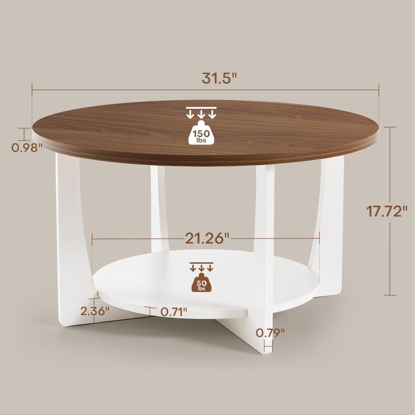 BECHAEO 31.5'' Round Coffee Table with Solid Wood Pine Legs, 2-Tier Rustic Round Coffee Table with Storage Shelf, Modern Wood Circle Coffee Table Farmhouse Center Table for Living Room, Walnut White