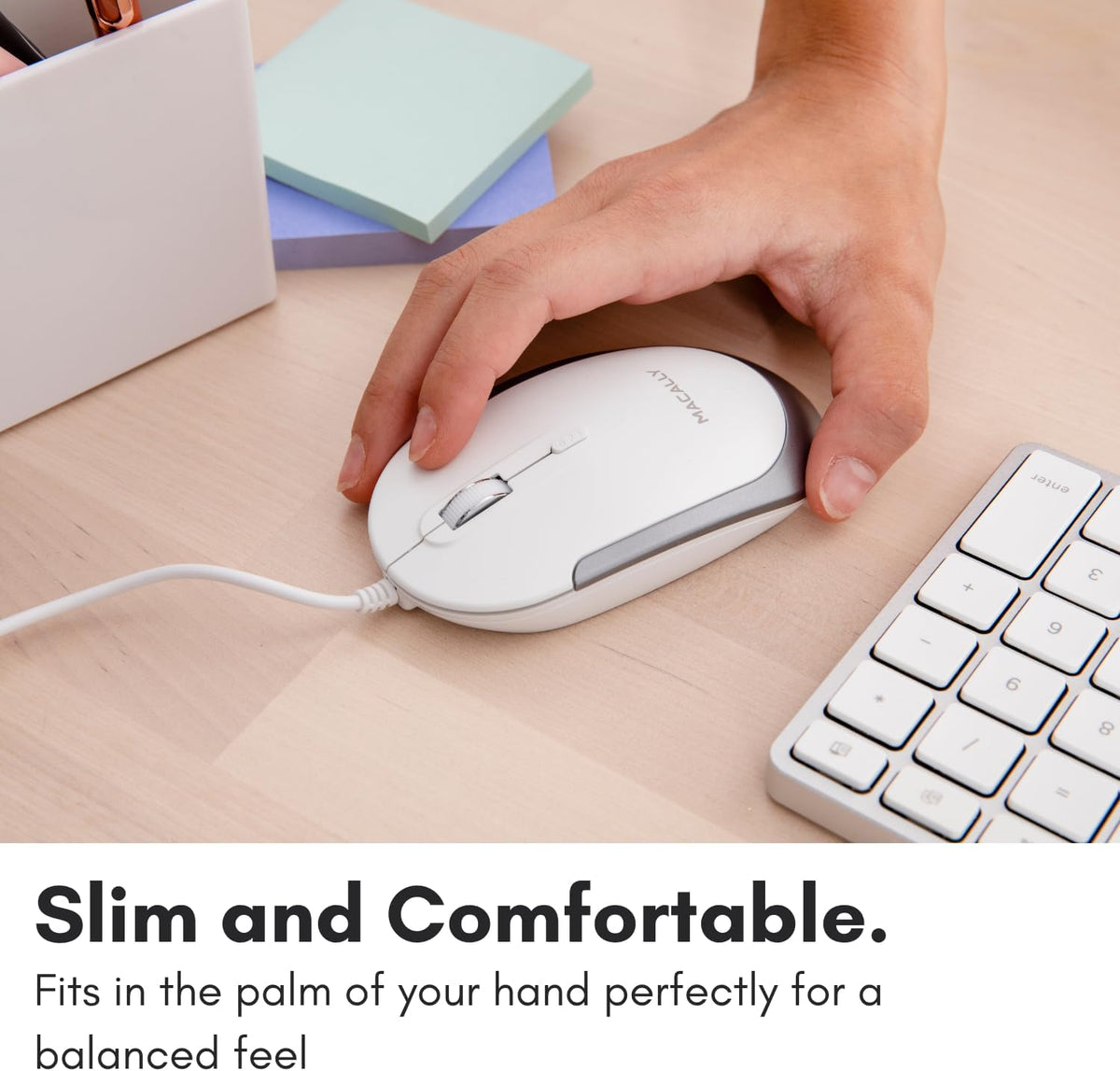 Macally Silent Wired Mouse - Slim & Compact USB Mouse for Apple Mac or Windows PC Laptop/Desktop - Designed with Optical Sensor & DPI Switch - Simple & Comfortable Wired Computer Mouse (White)