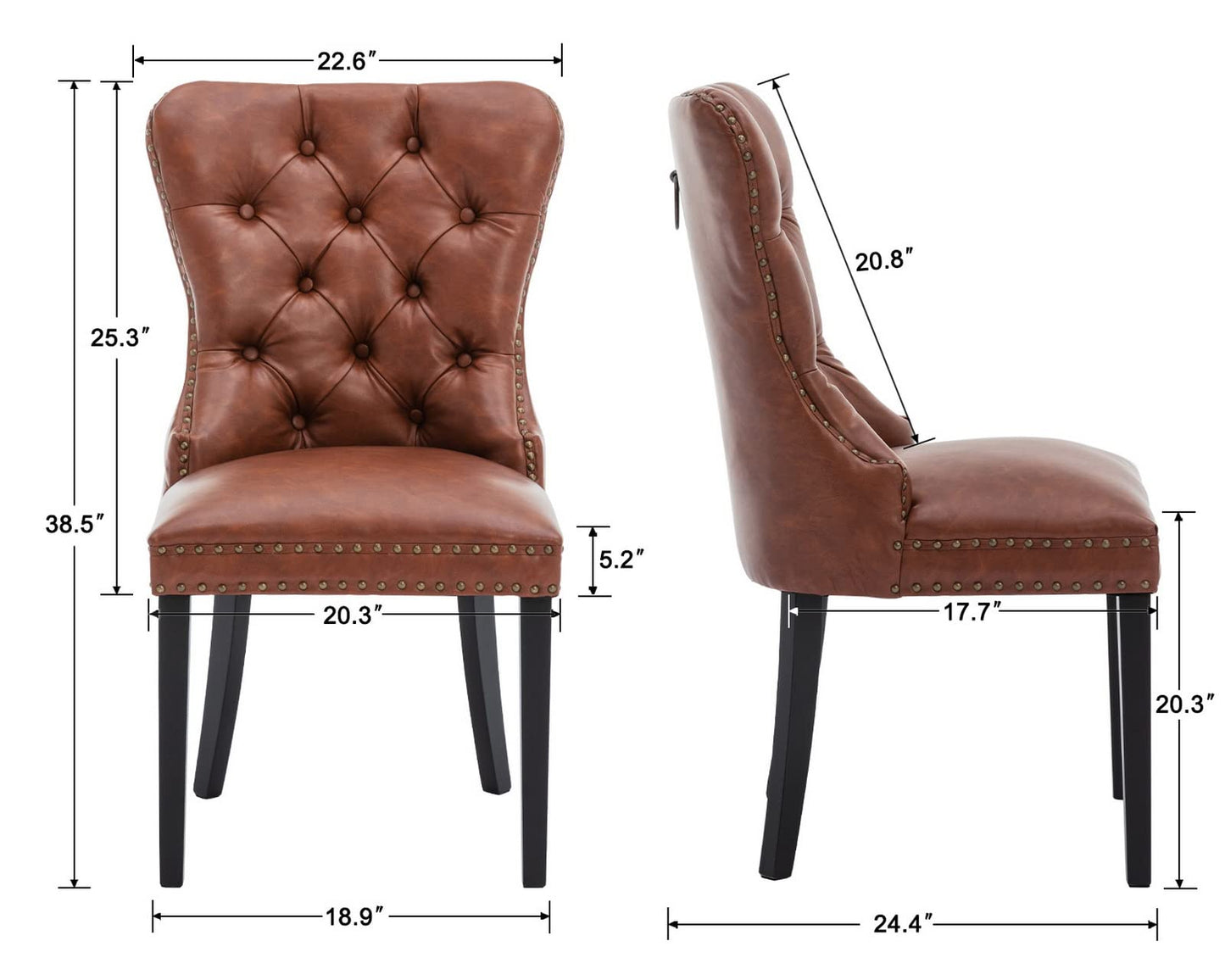 CIMOTA Brown Leather Dining Chairs Set of 2 Mid Century Modern Dining Room Chairs Tufted Upholstered Kitchen Dining Chairs Comfortable Side Chairs with Nailhead Trim/Ring Back (PU /2PCS)