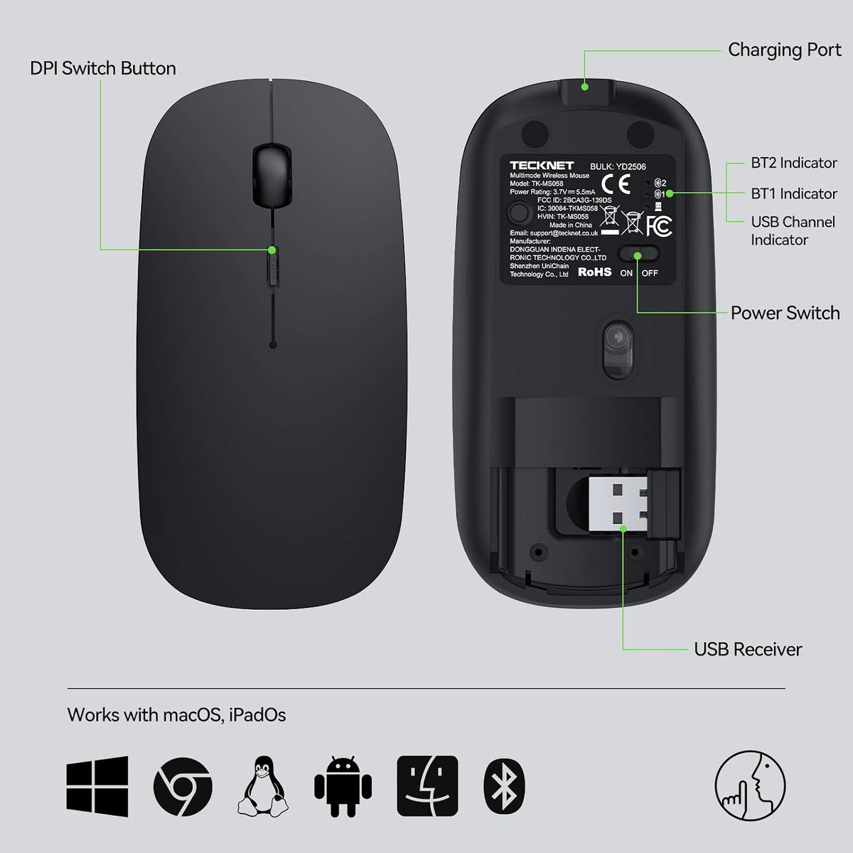 TECKNET Bluetooth Wireless Mouse for Laptop, Rechargeable Silent Computer Mouse (Bluetooth 5.2/3.0 & 2.4G), Ultra-Thin, 6-Level Adjustable 4800 DPI Bluetooth Mouse for Mac OS, iPad, Windows, Android