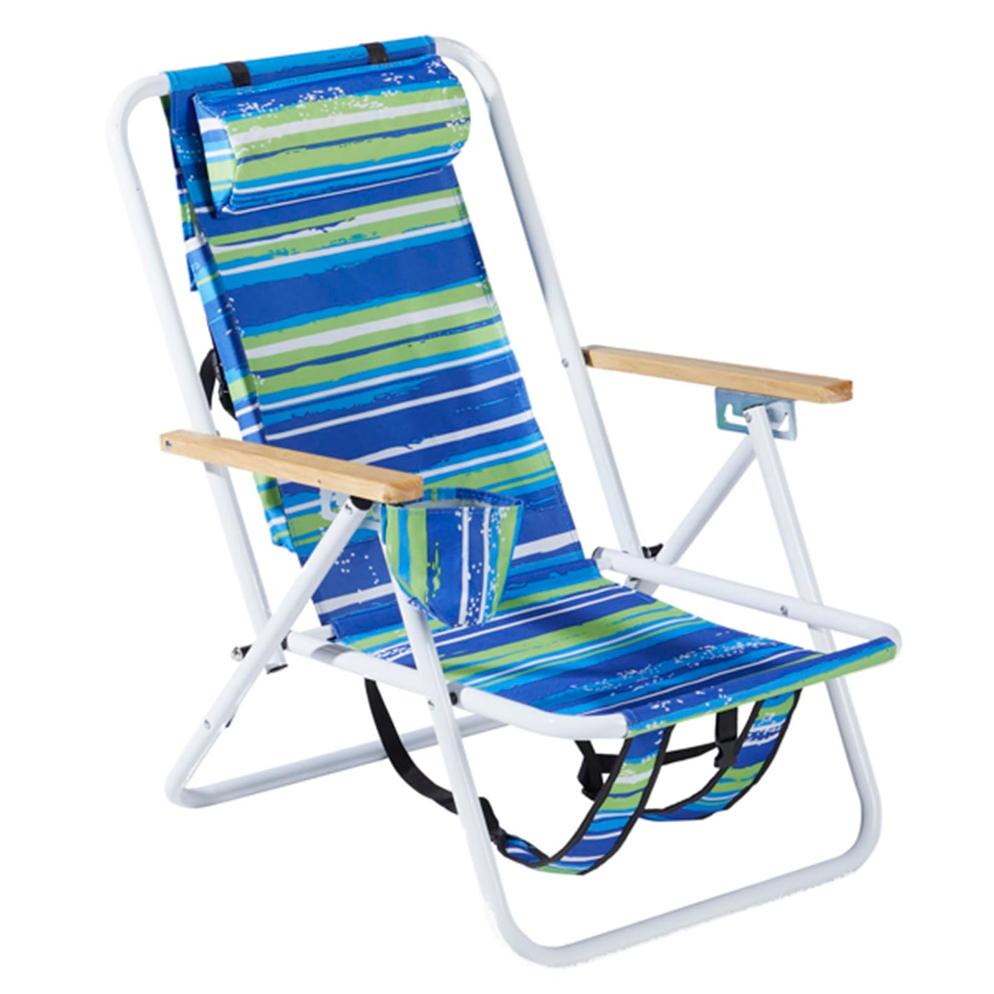 Folding Beach Chair Set for Adults,4 Position Portable Backpack Foldable Camping Chair with Headrest Cup Holder and Wooden Armrests,Adjustable high Beach Lounge Chairs for Outdoor (1PCSStripes)