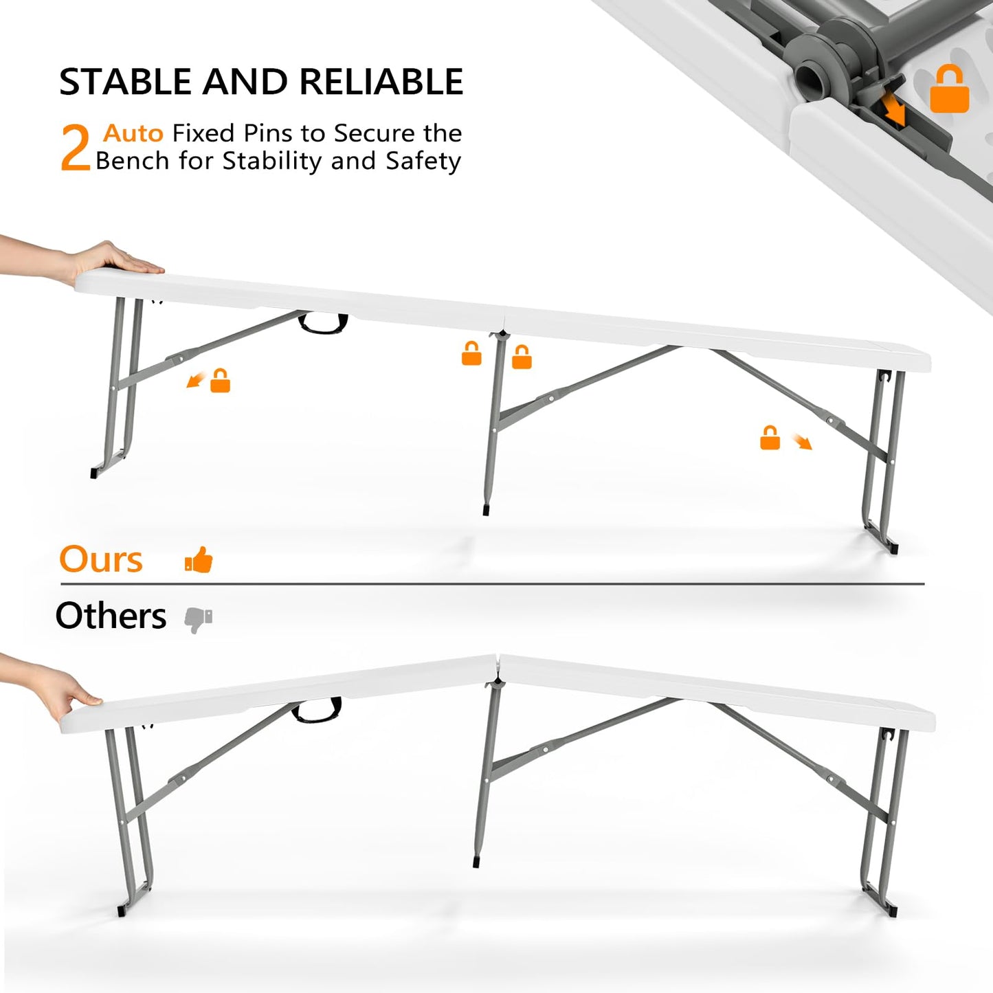 VINGLI 6 feet Plastic Folding Bench,Portable in/Outdoor Picnic Party Camping Dining Seat, Garden Soccer Multipurpose Entertaining Activities, Smooth HDPE Tabletop, 2 Pack, White