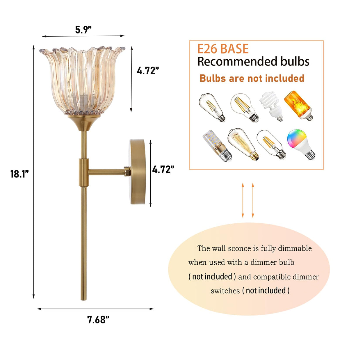 BYOLIIMA Gold Wall Sconce Set of 2 with Amber Glass Shades Modern Mid Century Bathroom Vanity Wall Light Fixtures Industrial Brushed Brass Wall Lamp for Bedroom Mirror Living Room Restaurant