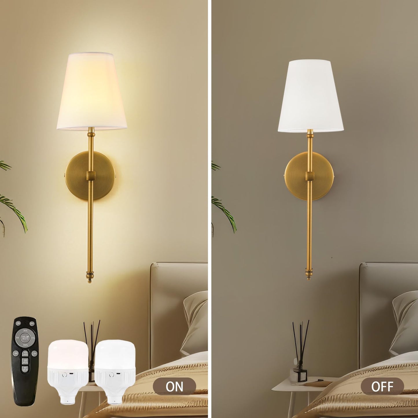 HOXIYA DIMMABLE Battery Operated Wall Sconces Set of 2, Rechargeable Wireless Gold Wall Lighting with Remote Control, Farmhouse Wall Lamp with Detachable Charging Light Bulb for Indoor Bedroom Brass