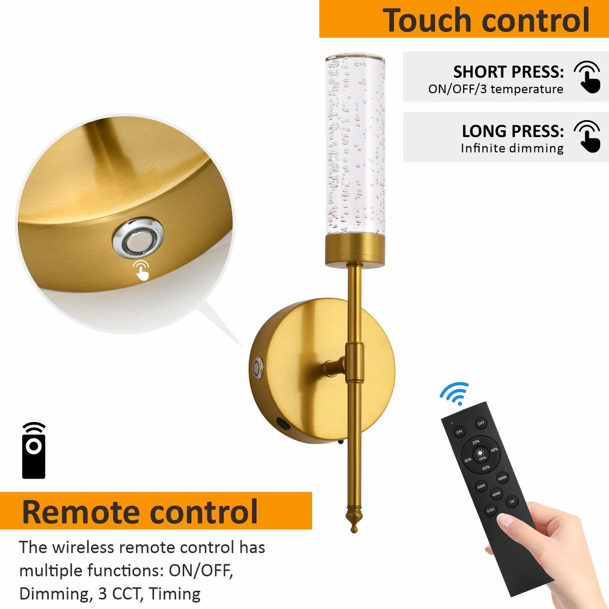 TPSHPTS LED Wireless Wall Sconce with Remote Control (Set of 2), USB Rechargeable Battery Operated Wall Lamps, 3 Colors Dimmable Wall Lights for Bedroom Hallway, Gold
