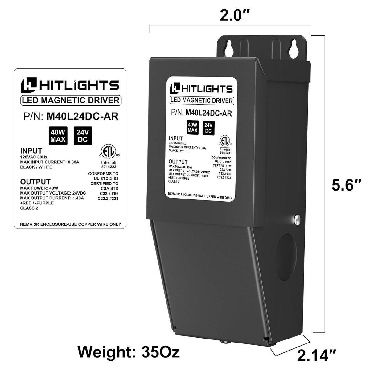 HitLights 40W Dimmable Driver, Magnetic LED Driver, 120VAC to 24VDC Transformer, Lutron and Leviton Compatible for LED Strip Lights, Constant Voltage LED, USA Made