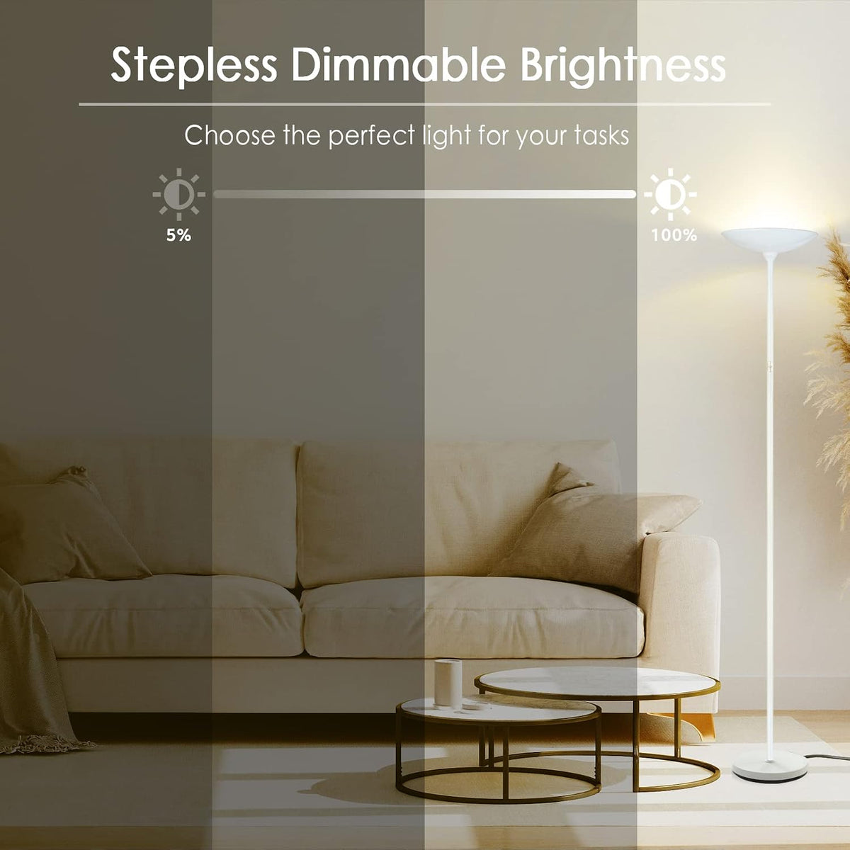 BoostArea LED Floor Lamp, 71''Torchiere Standing Lamp, White, Touch Switch