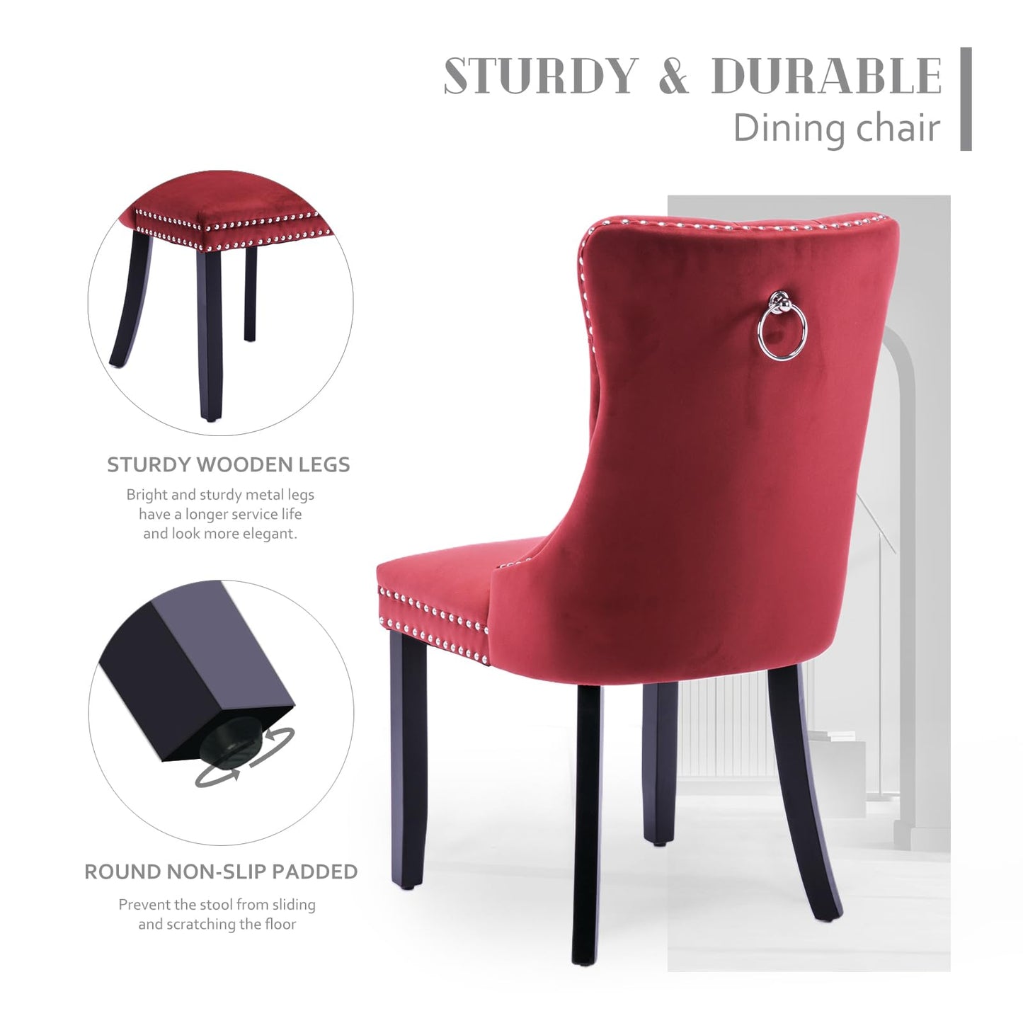 SoarFlash Velvet Dining Chair Set of 4, Upholstered Tufted Dining Room Chair with Nailhead Trim and Solid Wood Leg for Kitchen (Wine Red)